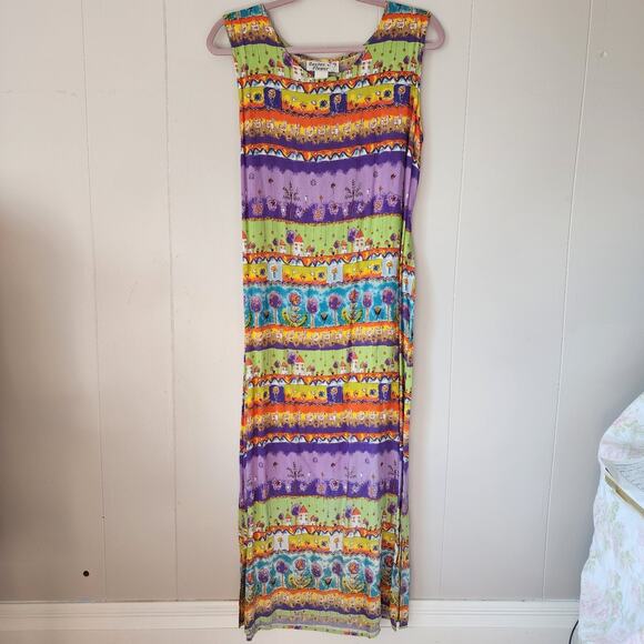 Vintage 90s Farm Cottage Cactus Flower Chicken Dress Maxi XL Purple Green - Picture 1 of 9